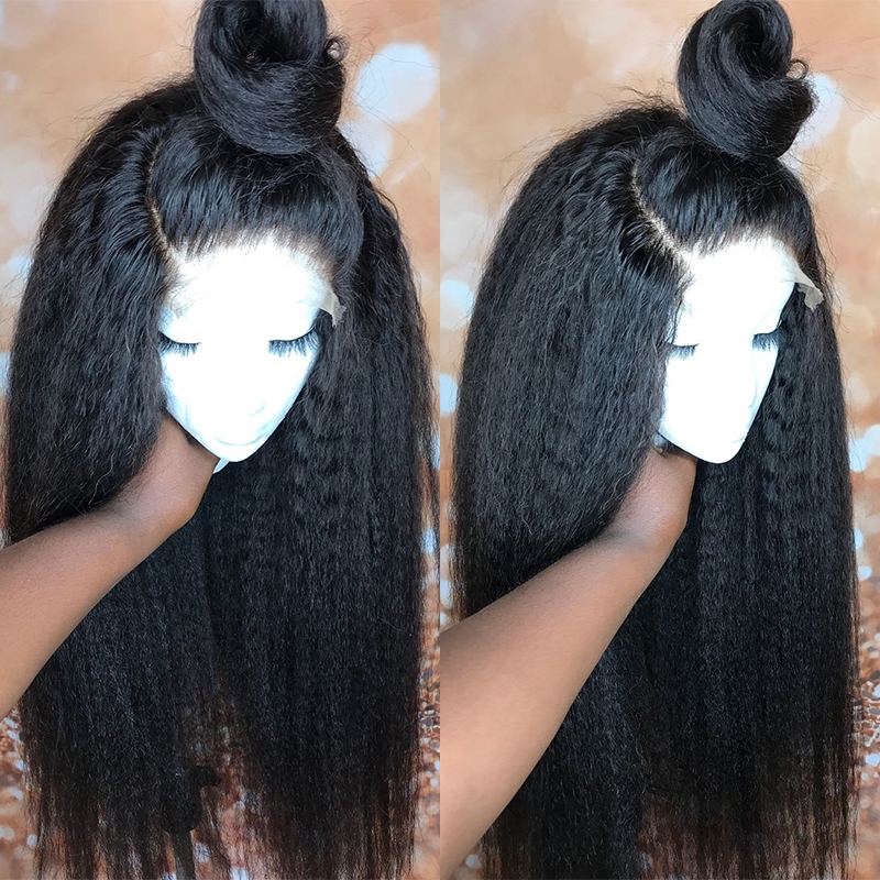 Dolago 180% Density Kinky Straight Lace Front Wigs Human Hair For Black Women Coarse Yaki Brazilian Front Transparent Lace Wigs Pre Plucked With Baby Hair Natural Frontal Wigs For Sale Pre Bleached