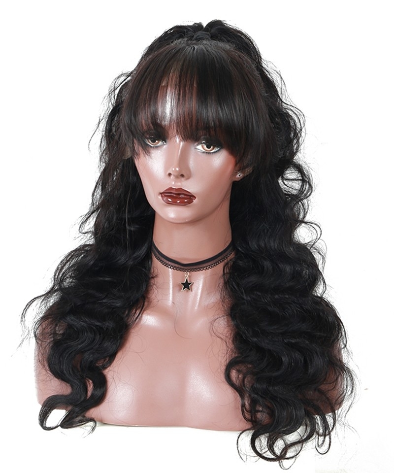 Brazilian Body Wave Human Hair 13X6 Lace Front Wigs With Bangs For Black Women Girls 130% Density Lace Frontal Wigs For Sale High Quality 13X6 Lace Front Wig Pre Plucked With Baby Hair Online