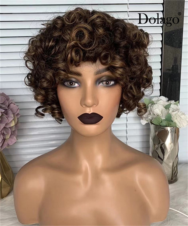 Dolago Loose Curly Wave Pixie Cut Human Hair Wig For Women 4/27 Ombre Short Bob Full Machine Pixie Cut Brazilian Virgin Hair Colored Wig For Sale Online 