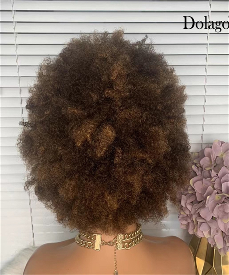 Dolago Afro Kinky Curly Coily Pixie Cut Human Hair Machine Wigs For Women Ombre 4/27 Short Pixie Cuts Wigs For African American Brazilian Natural Black Bob Virgin Hair 