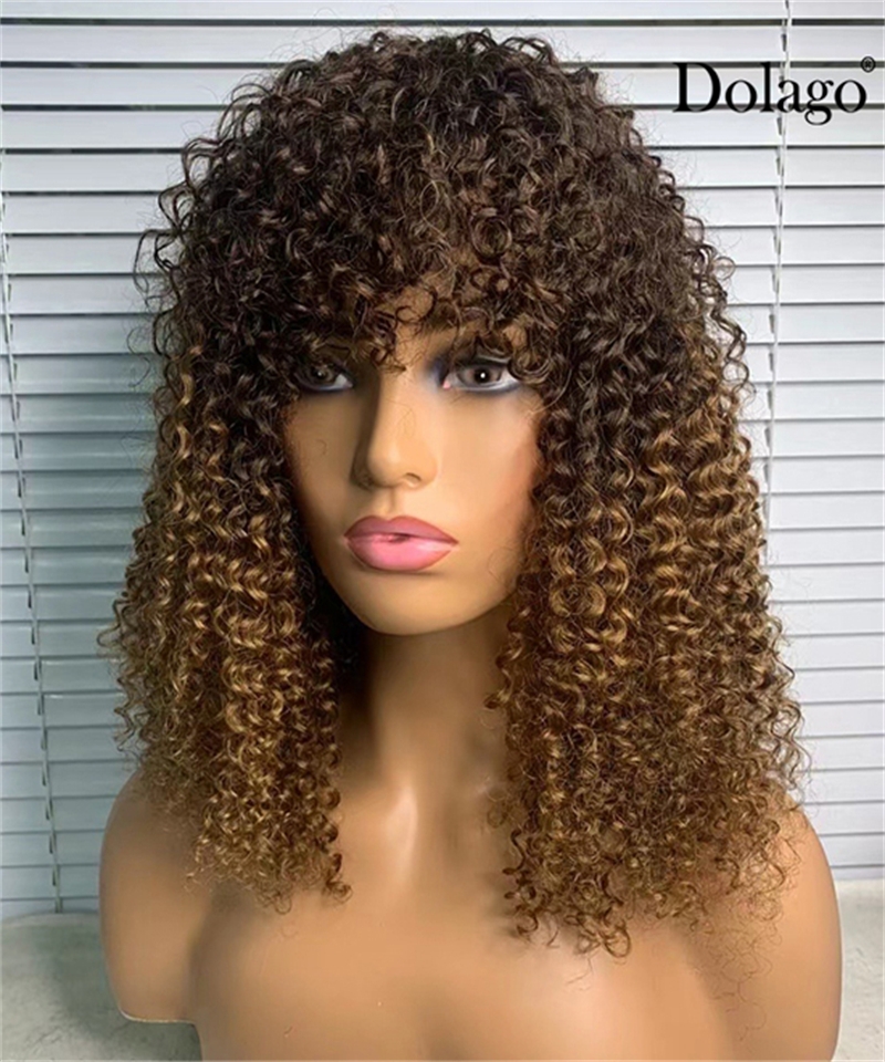 Dolago Pixie Cut Human Hair Wig With Bangs For Women 4/27 Ombre Short Bob Kinky Curly Full Machine Pixie Cut Wig Brazilian Virgin Hair Black Bangs Colored Wig For Sale Online 