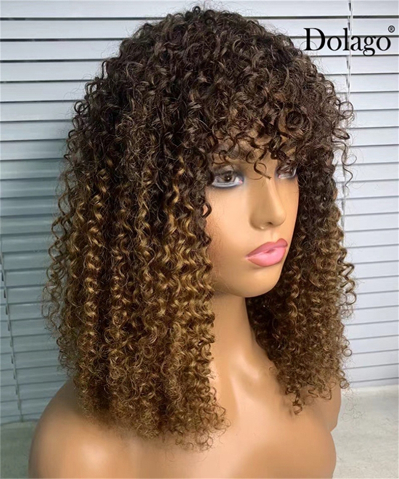 Dolago Pixie Cut Human Hair Wig With Bangs For Women 4/27 Ombre Short Bob Kinky Curly Full Machine Pixie Cut Wig Brazilian Virgin Hair Black Bangs Colored Wig For Sale Online 